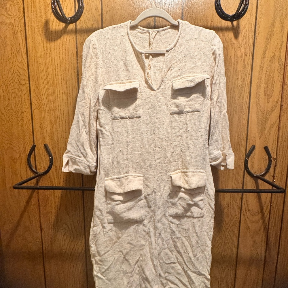 Cream Long Sleeve Linen Dress with Pockets